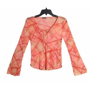 Vintage Wax Y2K orange geometric mesh sheer bell long sleeve top M 90s